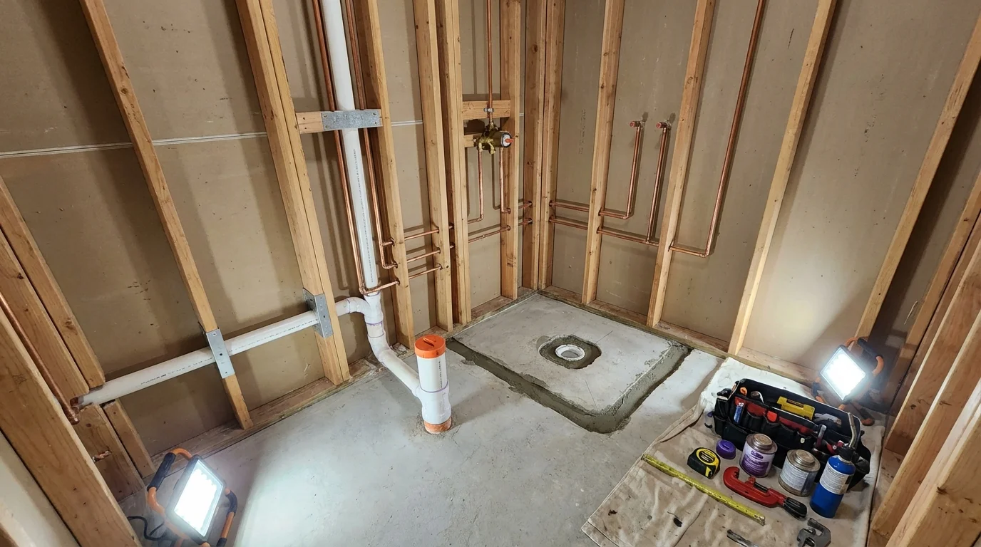 Bathroom rough-in plumbing during remodel by Johns Plumbing LLC in Brookside