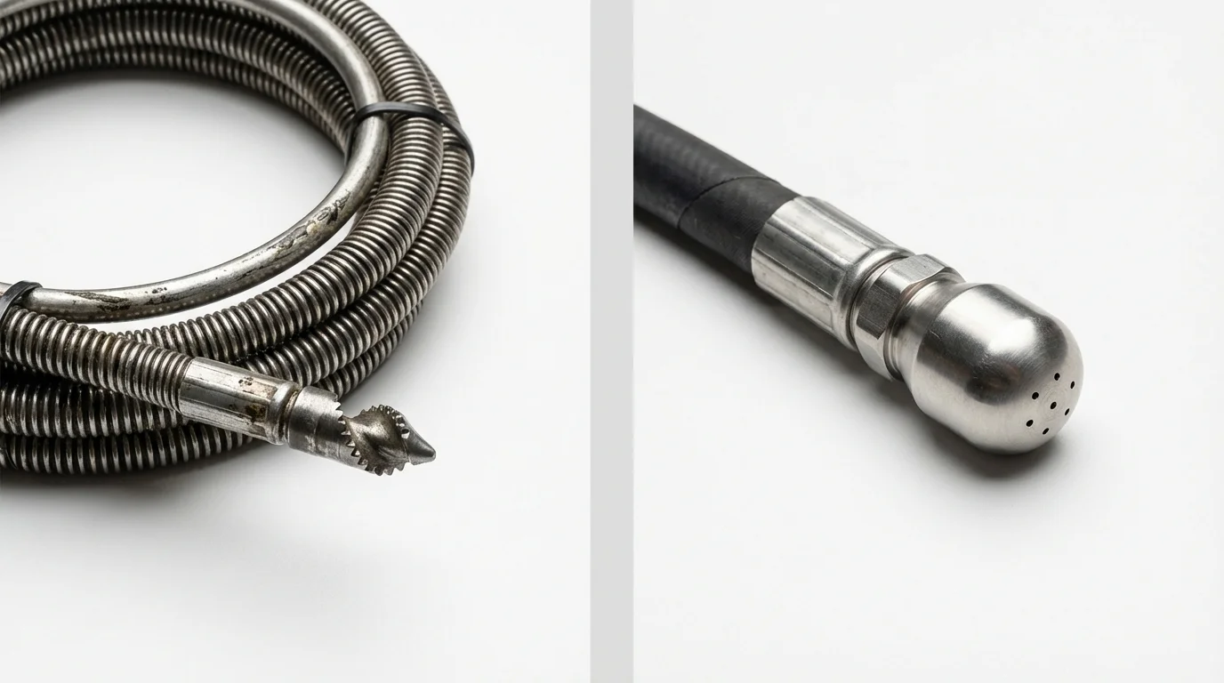 Drain snake cable and hydro jetting nozzle used for drain cleaning in Brookside, AL