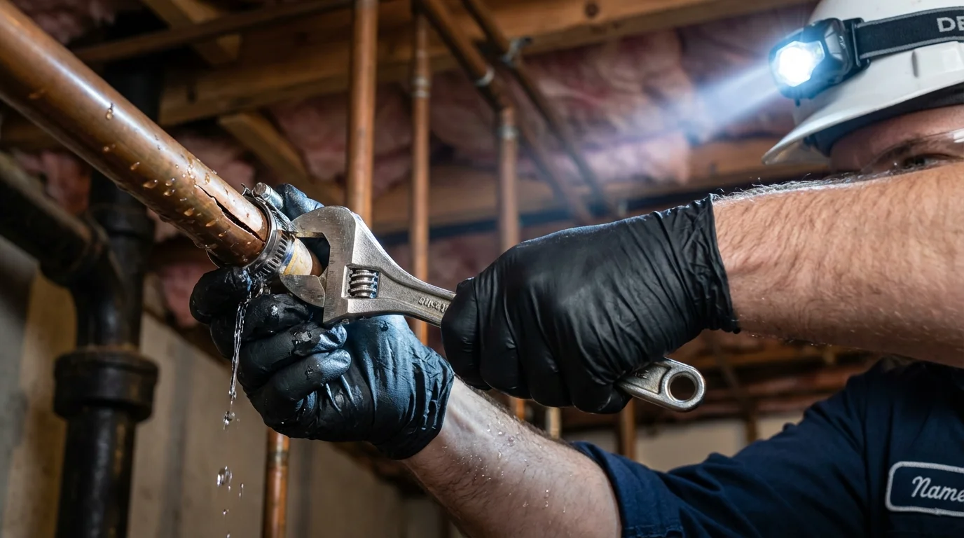Emergency pipe clamp repair being performed by a Johns Plumbing LLC plumber in Brookside