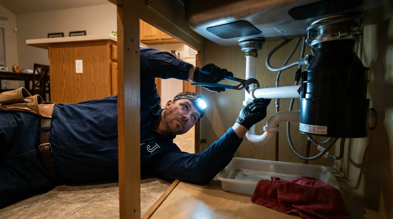 P-trap and supply line connections under a kitchen sink showing a common leak point in Brookside, AL